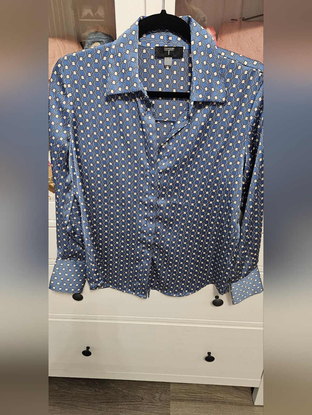 Tahari Navy and White Geometric Print Dress Shirt